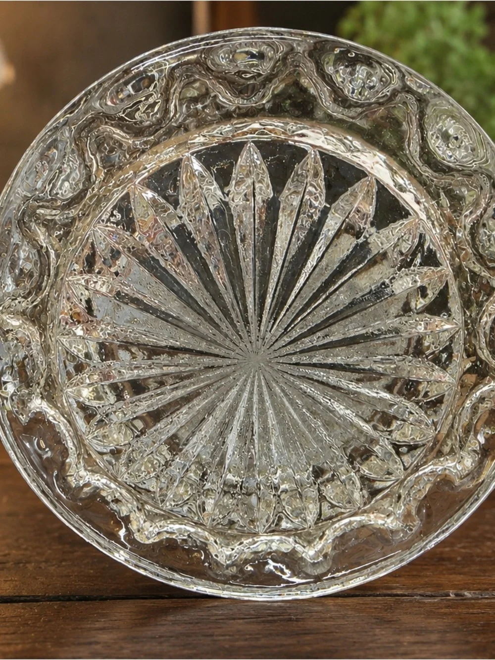 Vintage Clear Pressed Glass Diamond Point Water Pitcher Starburst Base 9”